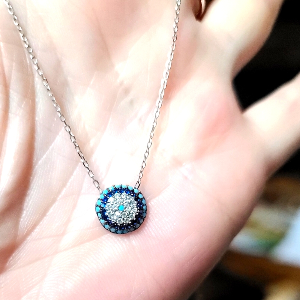 Turquoise Sapphire & white Topaz evil eye protection sterling silver necklace